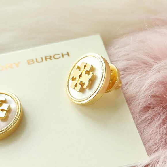 Tory Burch Gold Semi-Precious Logo Mother Of Pearl Stud Earrings - Picture 3 of 3